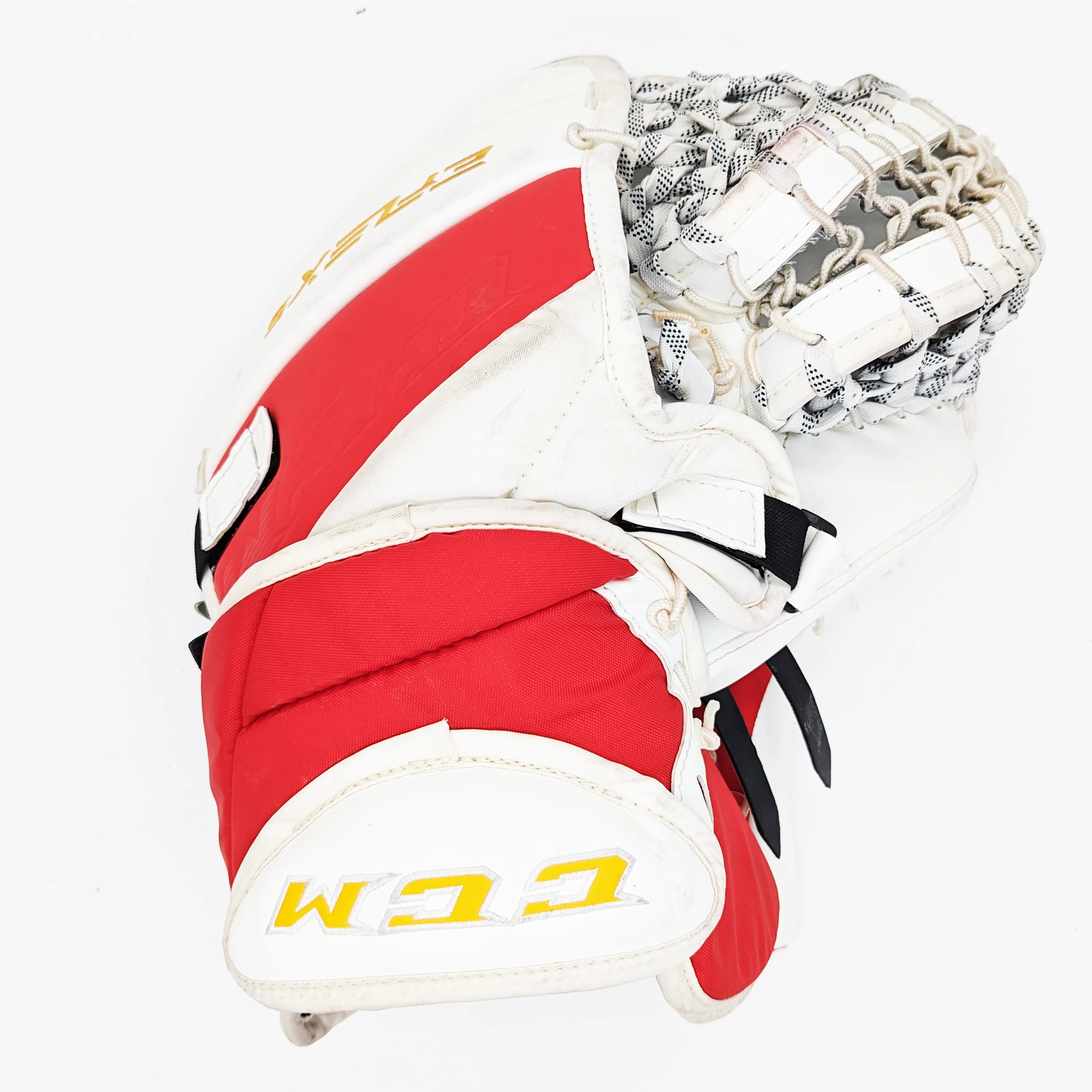 CCM Extreme Flex 5 - Used Pro Stock Goalie Glove (White/Yellow/Red) 2 CCM Extreme Flex 5 - Used Pro Stock Goalie Glove (White/Yellow/Red) - Image 2