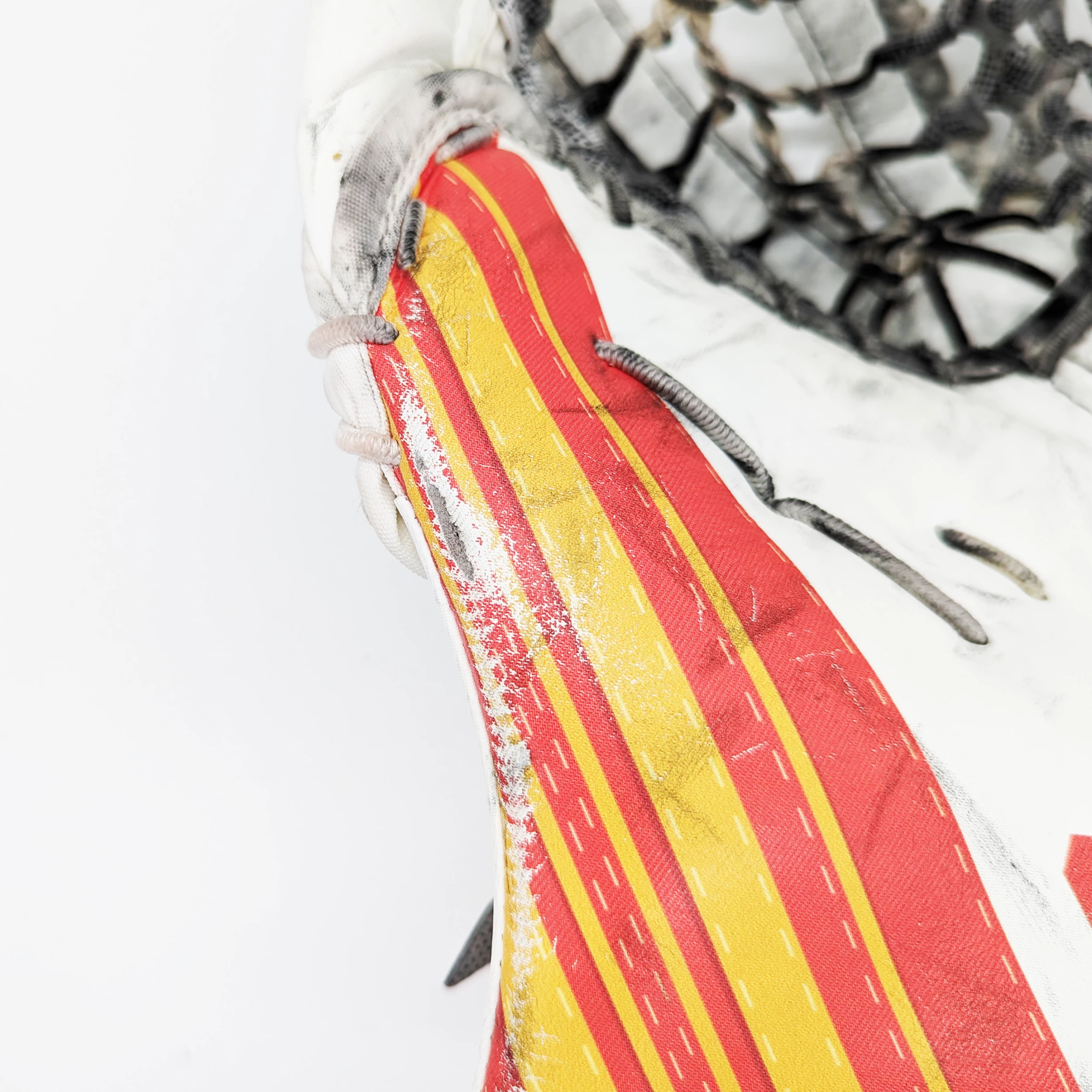 CCM Extreme Flex 5 - Used Pro Stock Goalie Glove (White/Yellow/Red) 4 CCM Extreme Flex 5 - Used Pro Stock Goalie Glove (White/Yellow/Red) - Image 4
