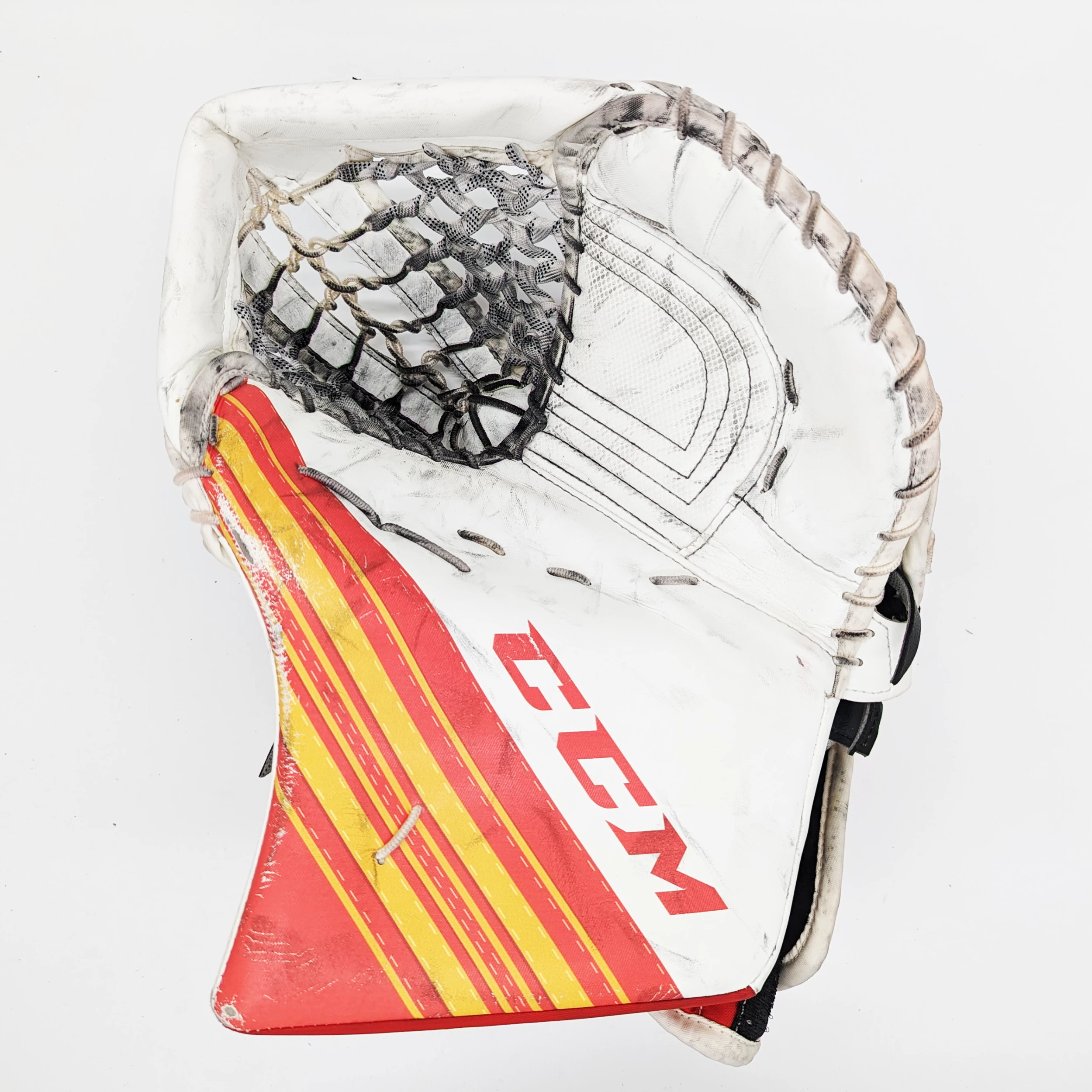 CCM Extreme Flex 5 - Used Pro Stock Goalie Glove (White/Yellow/Red) 1 CCM Extreme Flex 5 - Used Pro Stock Goalie Glove (White/Yellow/Red)