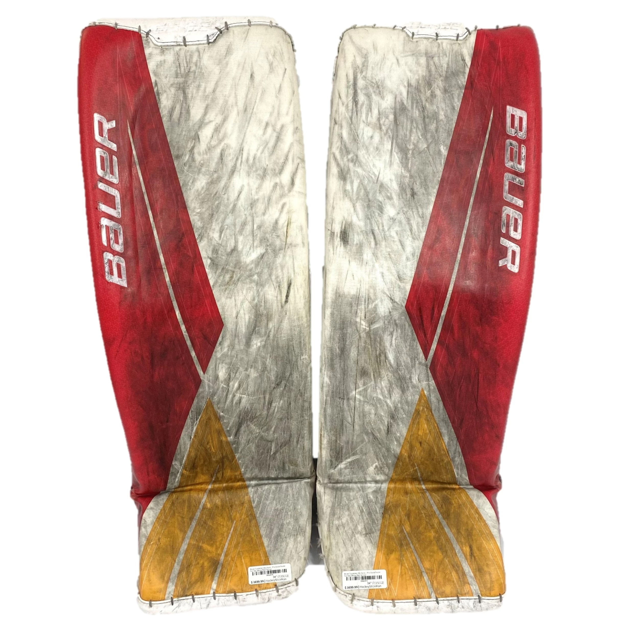 Bauer Supreme Ultrasonic - Used Pro Stock Goalie Pad Set (White/Red/Yellow) 1 Bauer Supreme Ultrasonic - Used Pro Stock Goalie Pad Set (White/Red/Yellow)