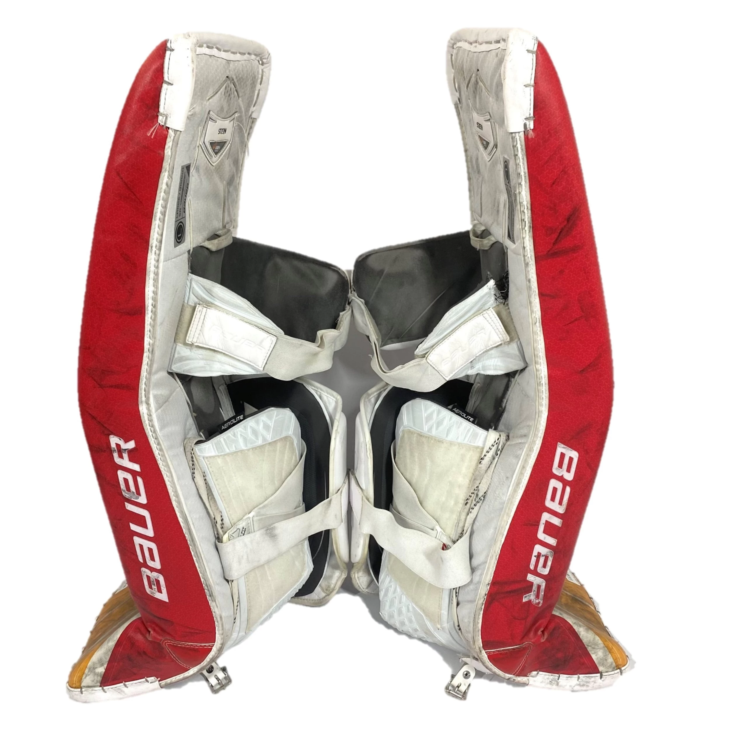 Bauer Supreme Ultrasonic - Used Pro Stock Goalie Pad Set (White/Red/Yellow) 3 Bauer Supreme Ultrasonic - Used Pro Stock Goalie Pad Set (White/Red/Yellow) - Image 3