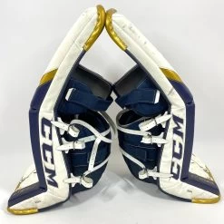 CCM Extreme Flex 5 - Used NCAA Pro Stock Goalie Pads (White/Blue/Gold) -Hockey Shop Photo2023 06 09 11606PM
