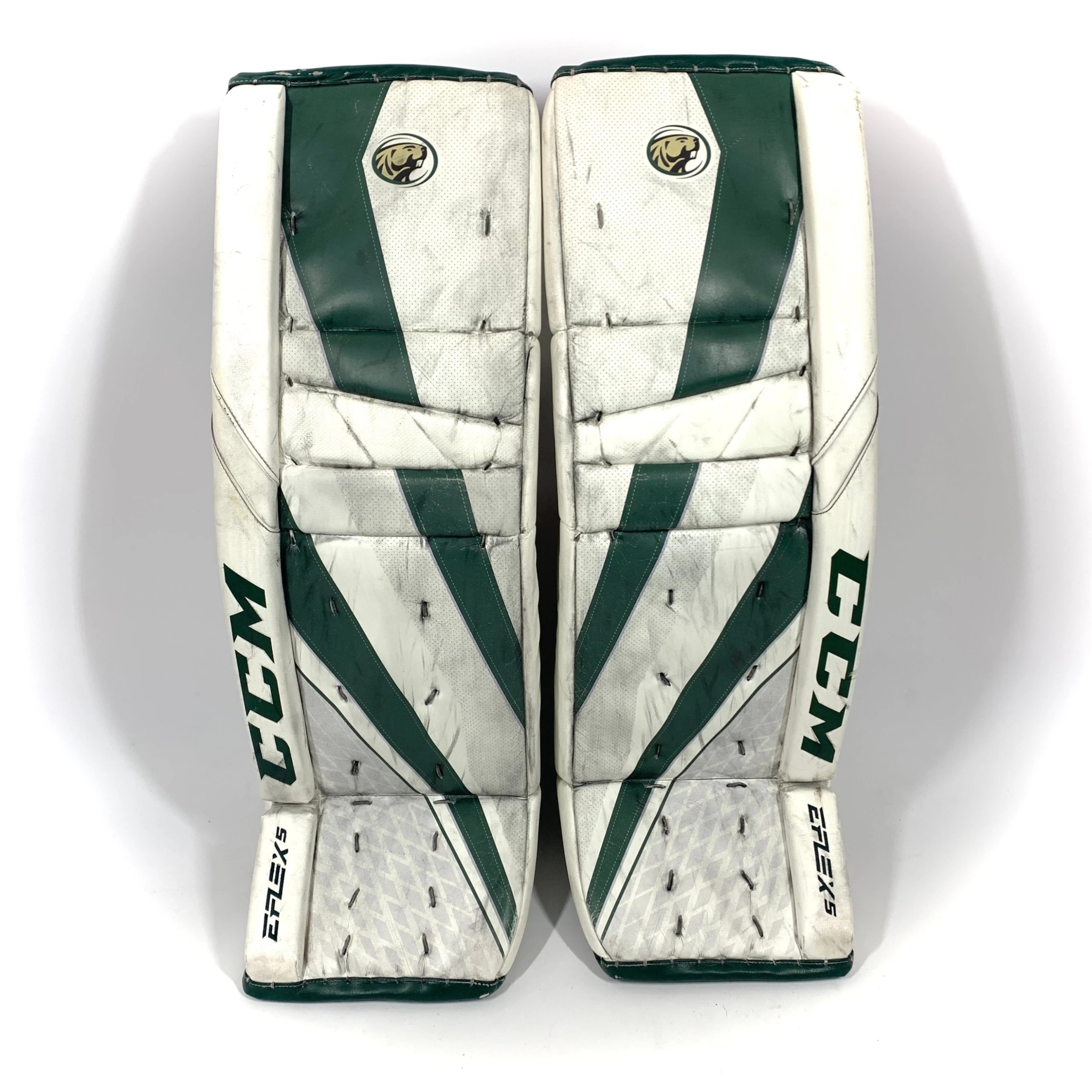 CCM Extreme Flex 5 - Used Pro Stock Goalie Pads (White/Green) 1 CCM Extreme Flex 5 - Used Pro Stock Goalie Pads (White/Green)